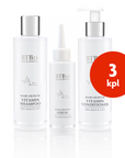 Kolme BTB13 hiustenlähtöön tarkoitettua tuotetta vierekkäin shampoo, hoitoaine ja seerumi