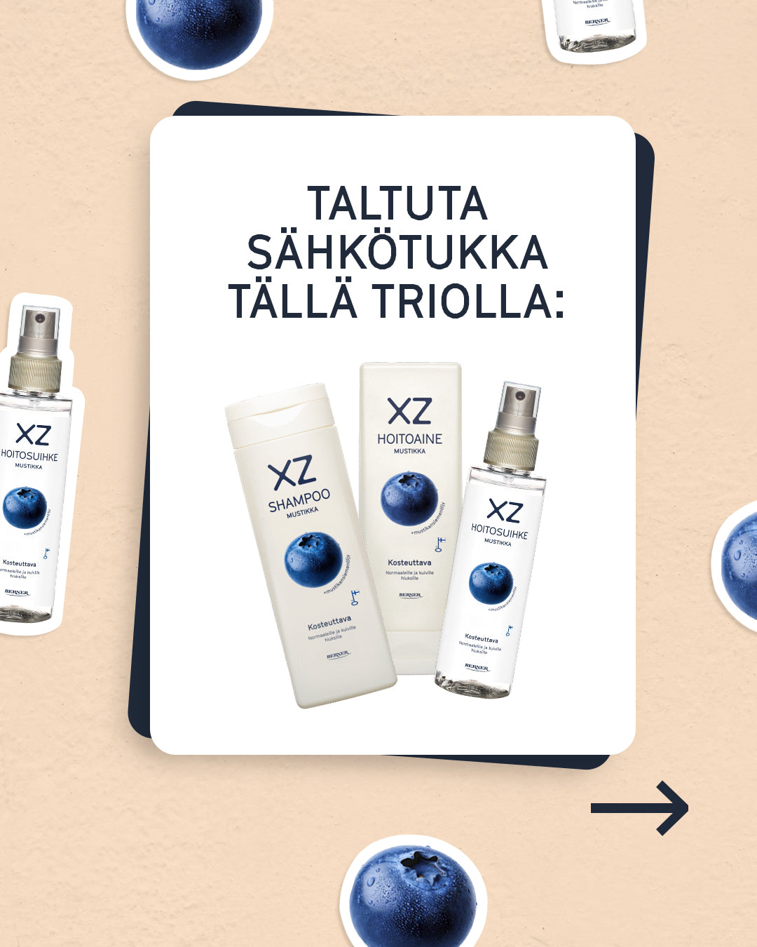 XZ Mustikka tuotteet ja teksti: Taltuta sähkötukka tällä triolla